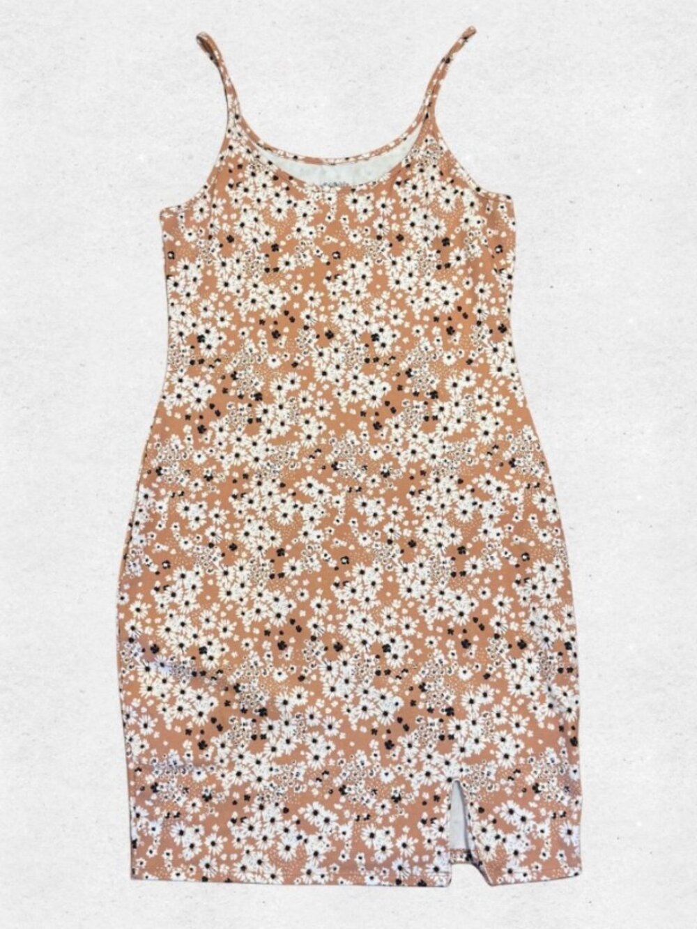 Daisy Print Knee Length Tan Floral Bodycon Dress XL Summer 90s Granny Grunge